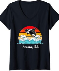 Womens Vintage Arcata CA Distressed Orca Killer Whale Art V-Neck T-Shirt