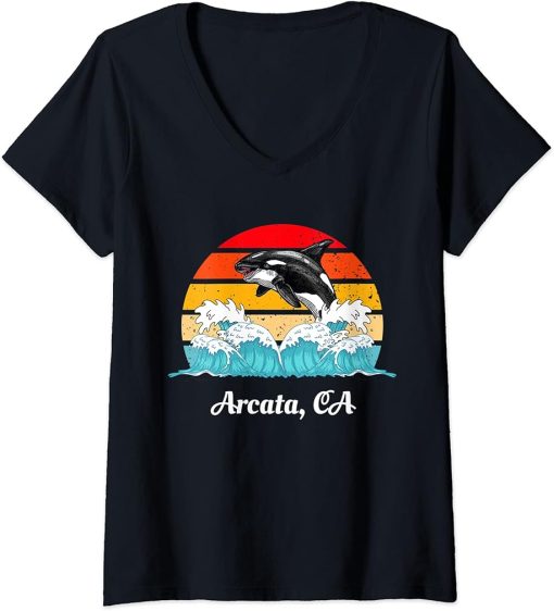 Womens Vintage Arcata CA Distressed Orca Killer Whale Art V-Neck T-Shirt