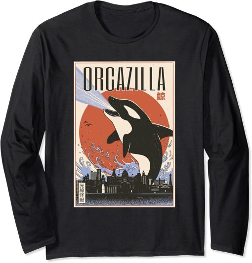 Orca-Whale Monster in Vintage Japanese Poster Orcazilla Long Sleeve T-Shirt