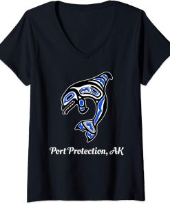 Womens Blue Native American Port Protection AK Orca Killer Whale V-Neck T-Shirt