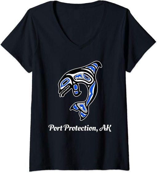 Womens Blue Native American Port Protection AK Orca Killer Whale V-Neck T-Shirt